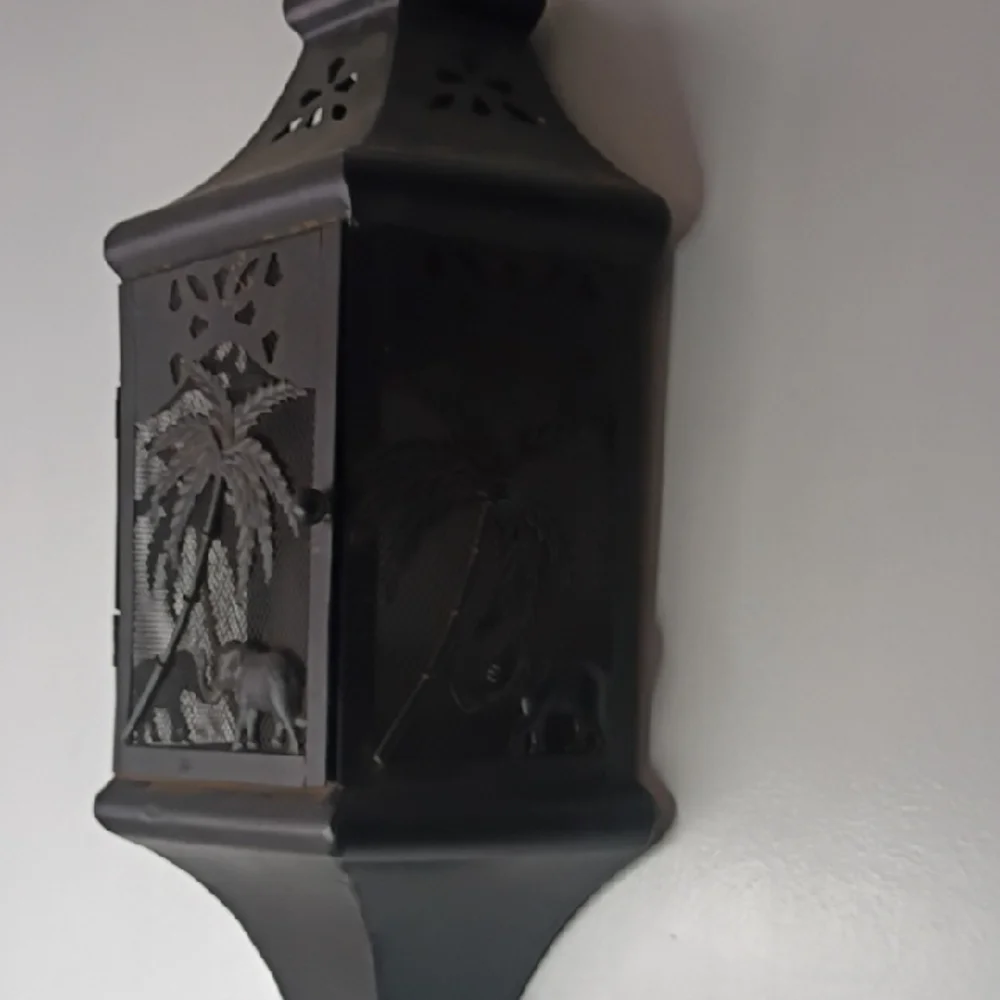 Wall Candle Holder Decorative Metal Lantern with Palm & Elephant Motif Black